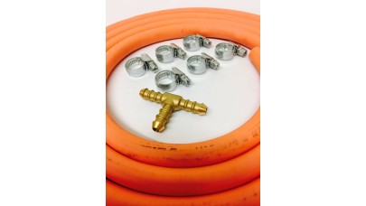 T Piece for 8mm Gas Hose + 8mm Gas Hose 2 Metre + 6 Jubilee Clips