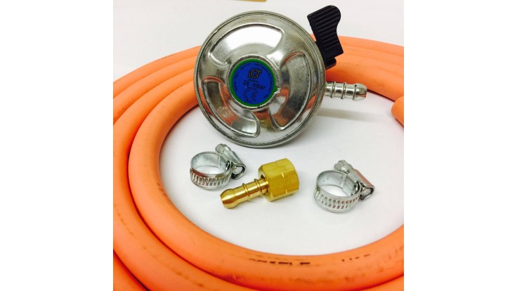 21mm Butane Regulator + BBQ Nut and Nozzle Connection + 2m Gas Hose + 2 Jubilee Clips