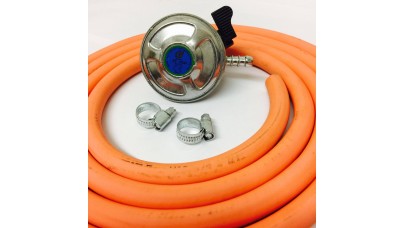 Butane Regulator 21mm Clip On + 8mm Gas Hose 2 Metre + 2 Jubilee Clips